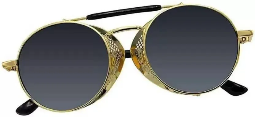 Chic UV Protection Round Sunglasses - Free Size for Men & Women in Elegant Black and Golden Accents