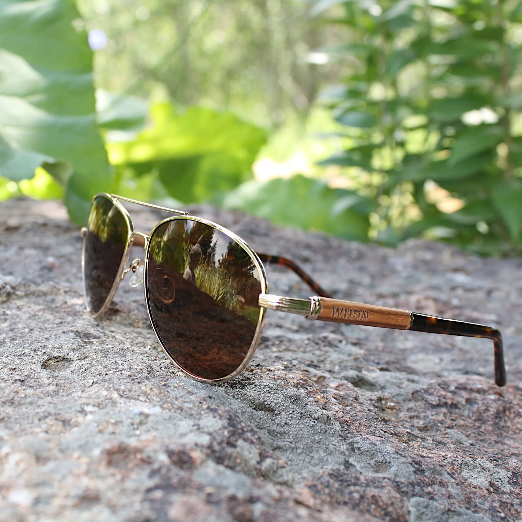 Classic Aviator Hybrid Acetate Frame Sunglasses with Real Wood Inlay & Polarized Lenses by WUDN