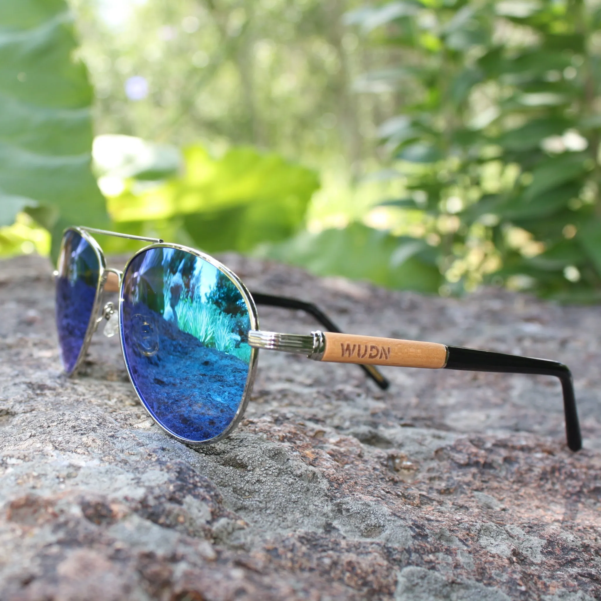 Classic Aviator Hybrid Acetate Frame Sunglasses with Real Wood Inlay & Polarized Lenses by WUDN