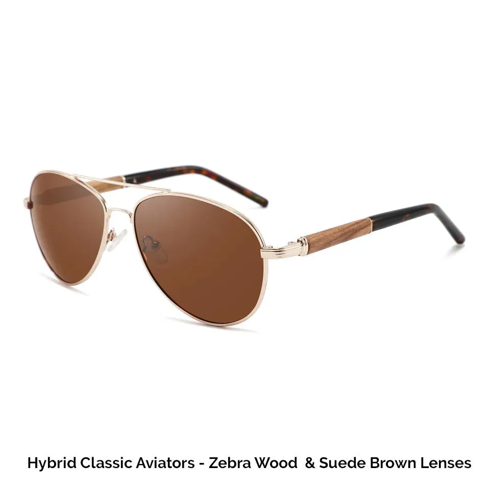 Classic Aviator Hybrid Acetate Frame Sunglasses with Real Wood Inlay & Polarized Lenses by WUDN