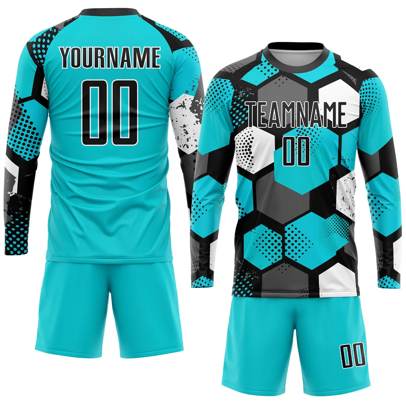 Custom Aqua Black-White Sublimation Soccer Uniform Jersey