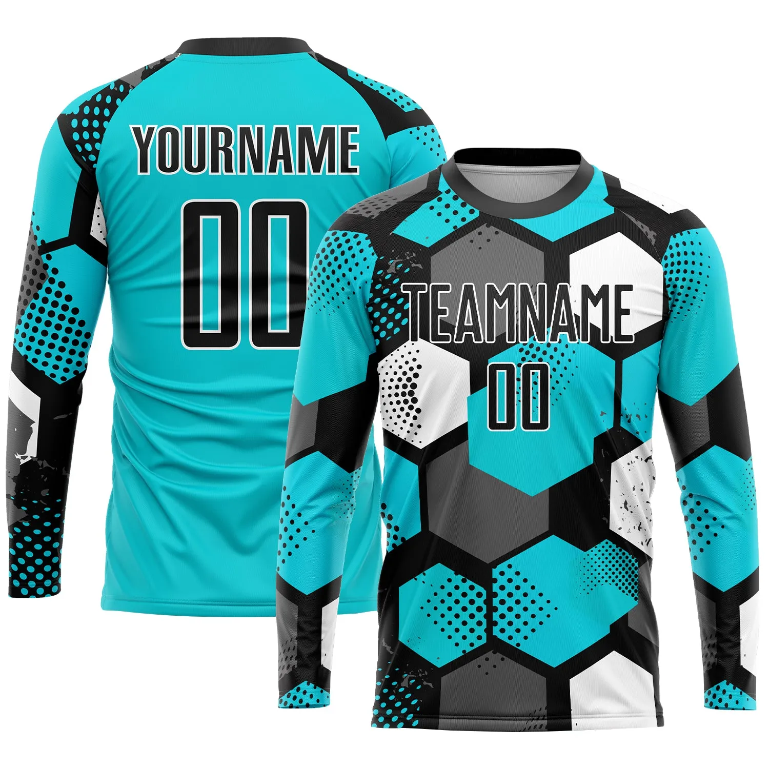 Custom Aqua Black-White Sublimation Soccer Uniform Jersey