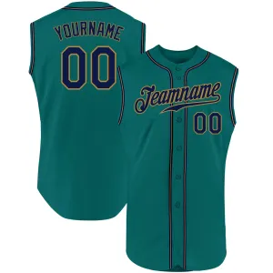 Custom Aqua Navy-Old Gold Authentic Sleeveless Baseball Jersey