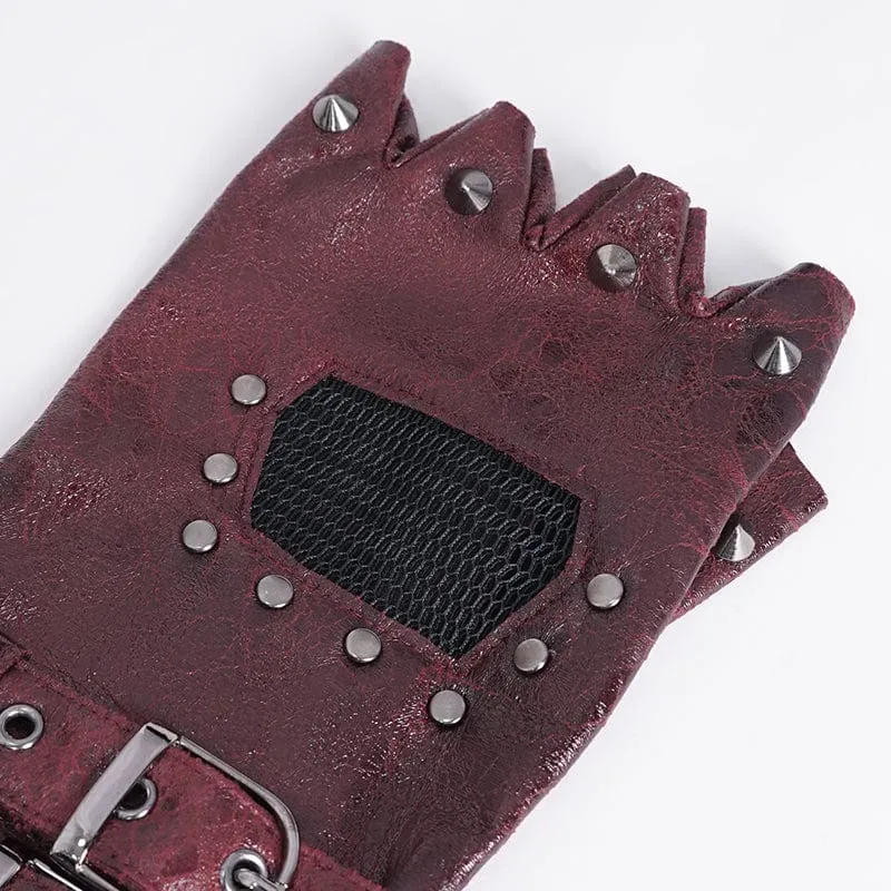 Men's Gothic Studded Mesh Splice Red Half-finger Gloves