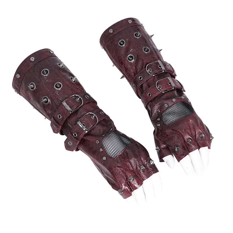 Men's Gothic Studded Mesh Splice Red Half-finger Gloves