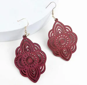 Red Bohemian Hollow Out Wooden Drop Earrings